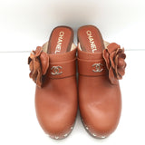 Chanel 23P Camellia Platform Clogs Brown Leather Size 38 High Heel Mules