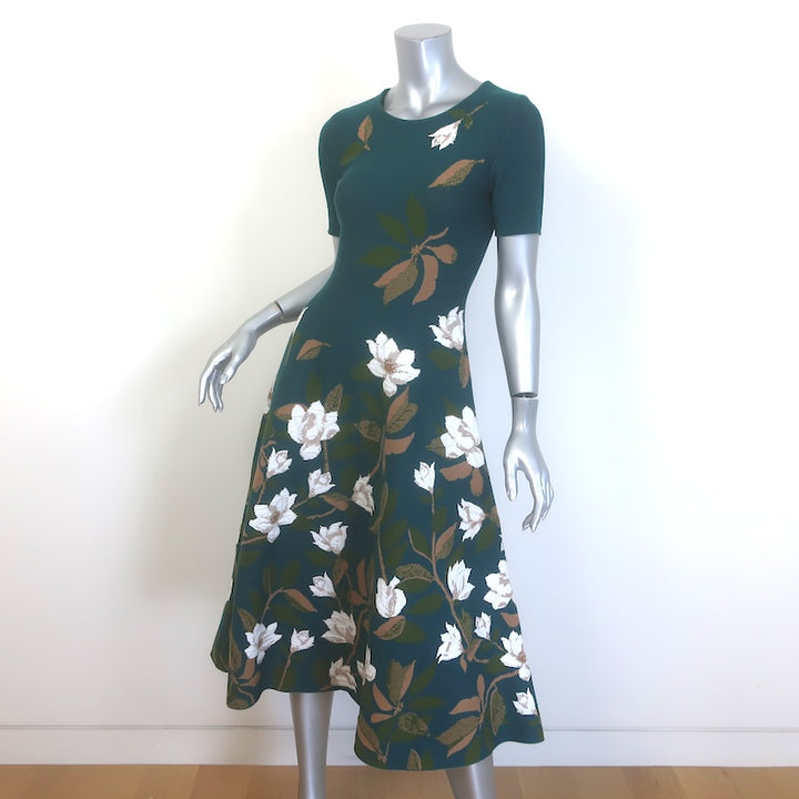 Oscar de la Renta Magnolia Jacquard Knit Fit &amp; Flare Dress Peacock Green Size 8