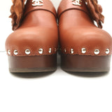 Chanel 23P Camellia Platform Clogs Brown Leather Size 38 High Heel Mules