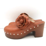 Chanel 23P Camellia Platform Clogs Brown Leather Size 38 High Heel Mules