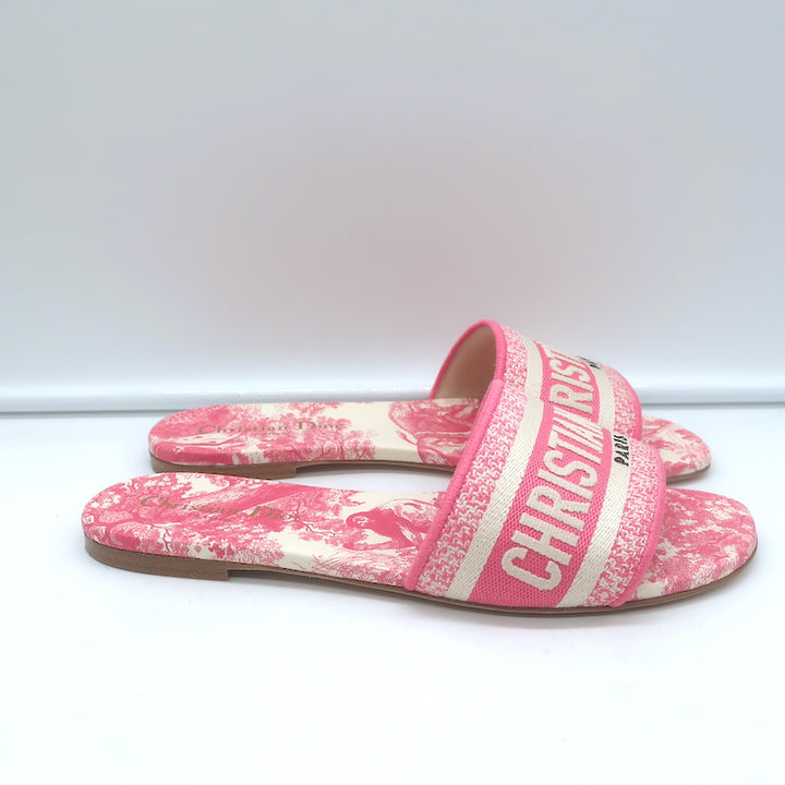 Christian Dior Dway Slides Pink Toile de Jouy Embroidered Canvas Size 37 NEW