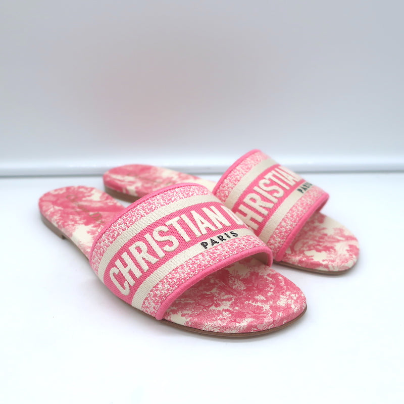 Christian Dior Dway Slides Pink Toile de Jouy Embroidered Canvas Size 37 NEW