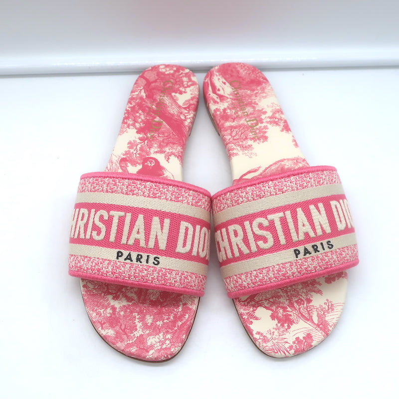 Christian Dior Dway Slides Pink Toile de Jouy Embroidered Canvas Size 37 NEW