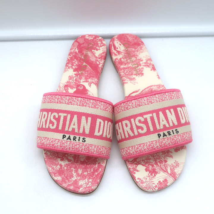Christian Dior Dway Slides Pink Toile de Jouy Embroidered Canvas Size 37 NEW