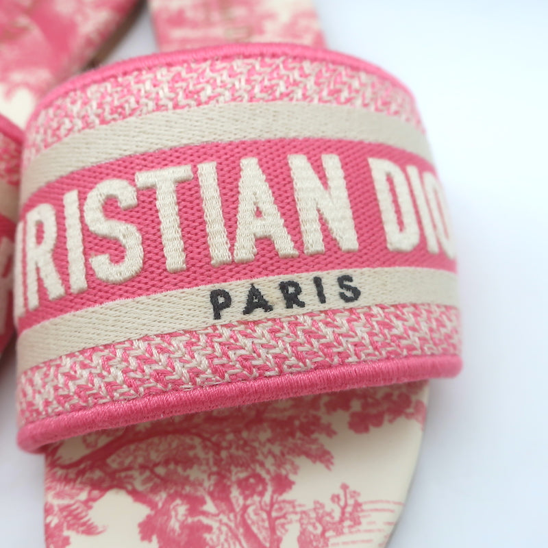 Christian Dior Dway Slides Pink Toile de Jouy Embroidered Canvas Size 37 NEW