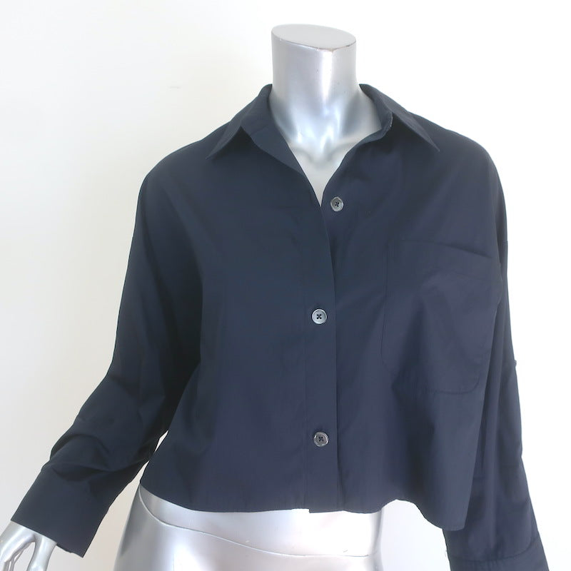TWP Next Ex Cropped Button Down Shirt Navy Cotton Size Extra Small/Small