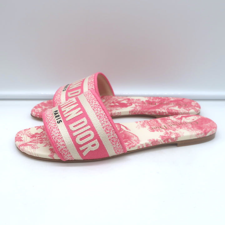 Christian Dior Dway Slides Pink Toile de Jouy Embroidered Canvas Size 37 NEW