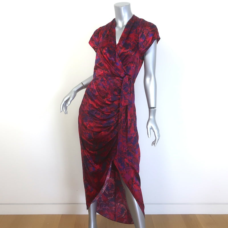 Cinq a Sept Gail Draped Wrap-Effect Midi Dress Red Floral Print Silk Size 6