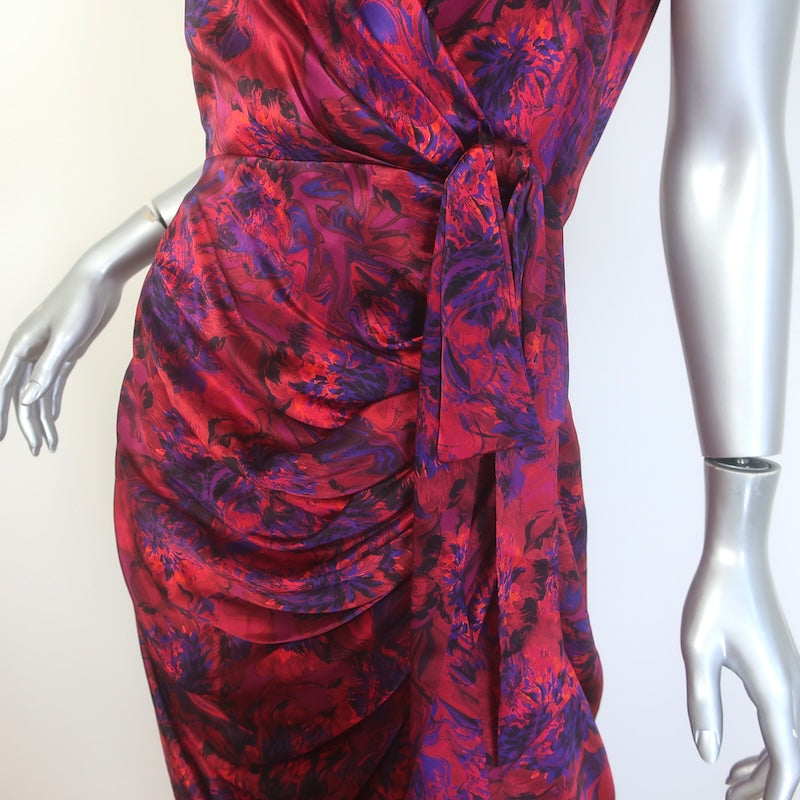 Cinq a Sept Gail Draped Wrap-Effect Midi Dress Red Floral Print Silk Size 6