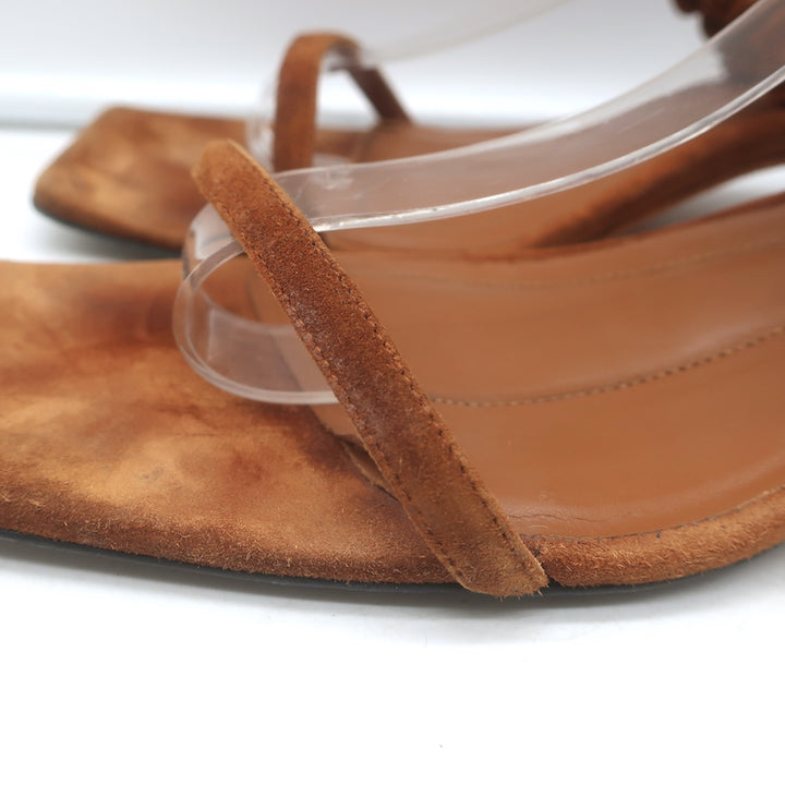 Khaite Georgia Ruched-Strap Kitten Heel Sandals Caramel Suede Size 40.5
