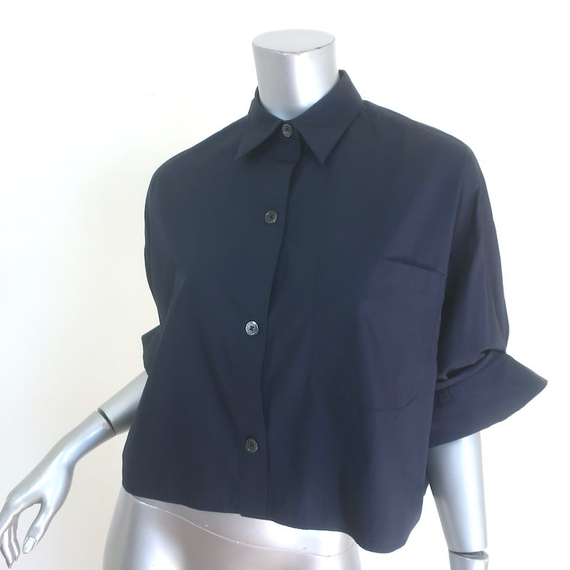 TWP Next Ex Cropped Button Down Shirt Navy Cotton Size Extra Small/Small