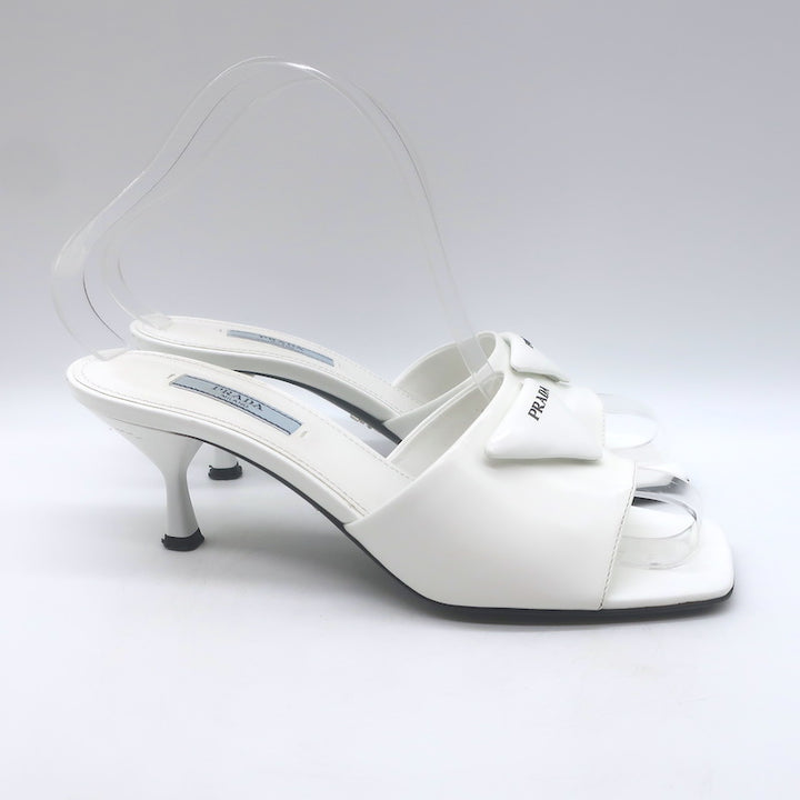 Prada Triangle Logo Kitten Heel Mule Sandals White Brushed Leather Size 36.5