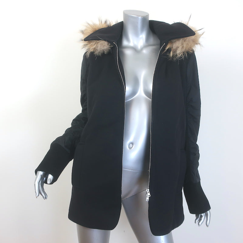 Marni Fur-Trimmed Hooded Mixed Media Coat Black Wool &amp; Nylon Size 46