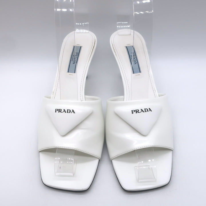 Prada Triangle Logo Kitten Heel Mule Sandals White Brushed Leather Size 36.5