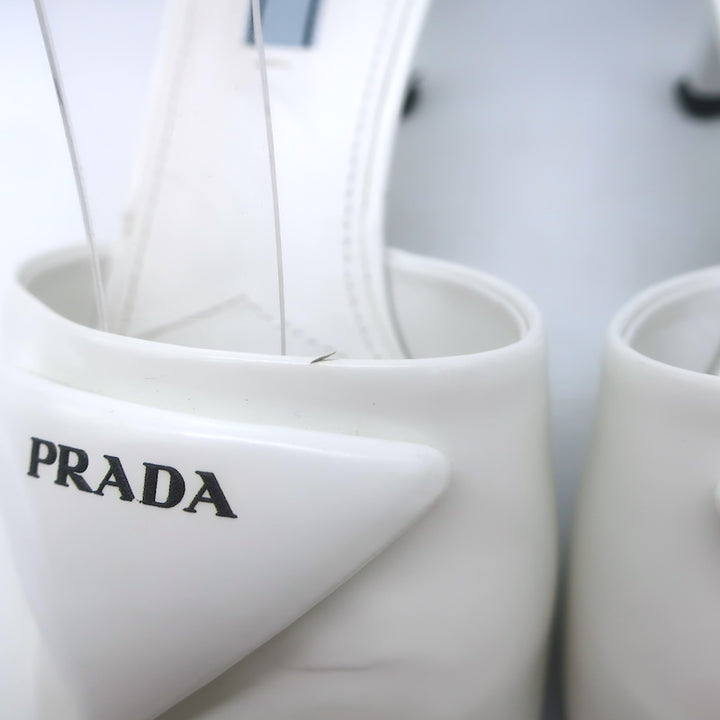 Prada Triangle Logo Kitten Heel Mule Sandals White Brushed Leather Size 36.5