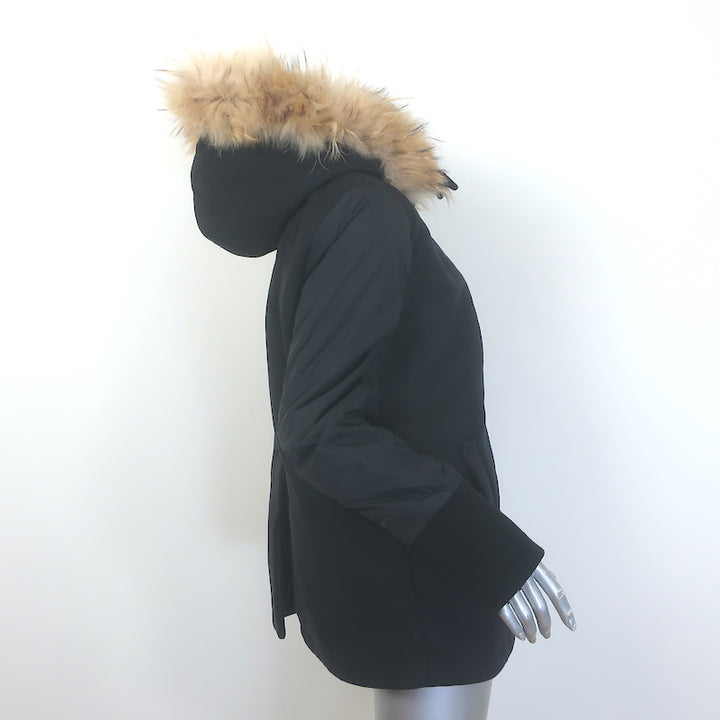 Marni Fur-Trimmed Hooded Mixed Media Coat Black Wool &amp; Nylon Size 46