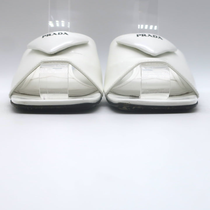 Prada Triangle Logo Kitten Heel Mule Sandals White Brushed Leather Size 36.5