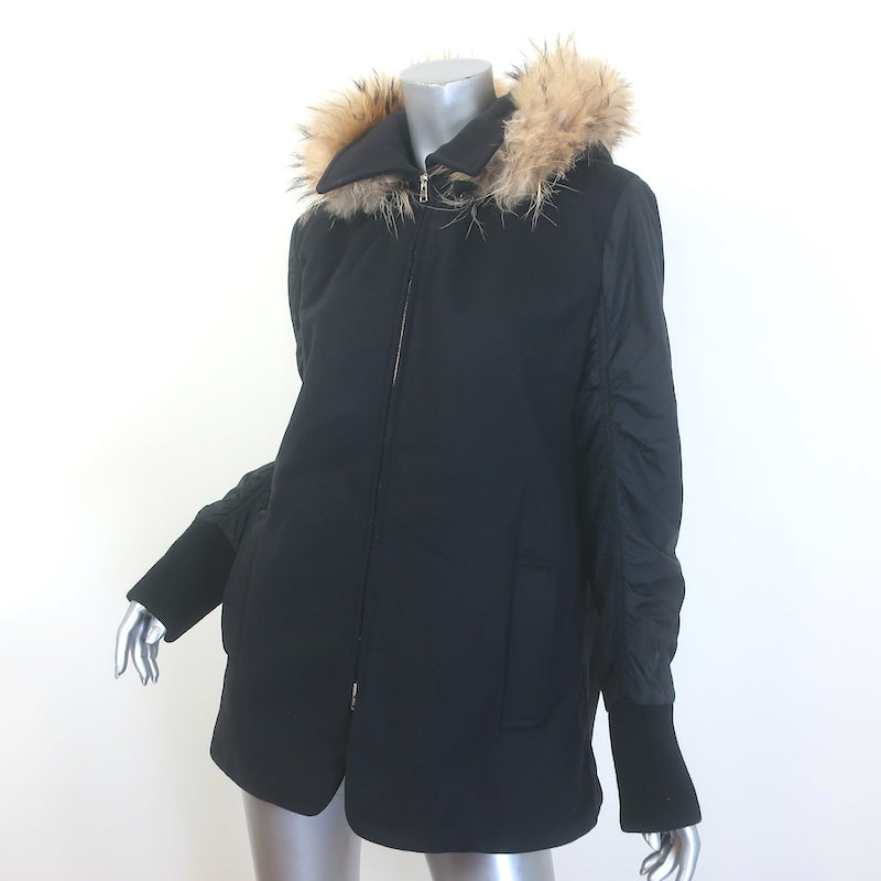 Marni Fur-Trimmed Hooded Mixed Media Coat Black Wool &amp; Nylon Size 46