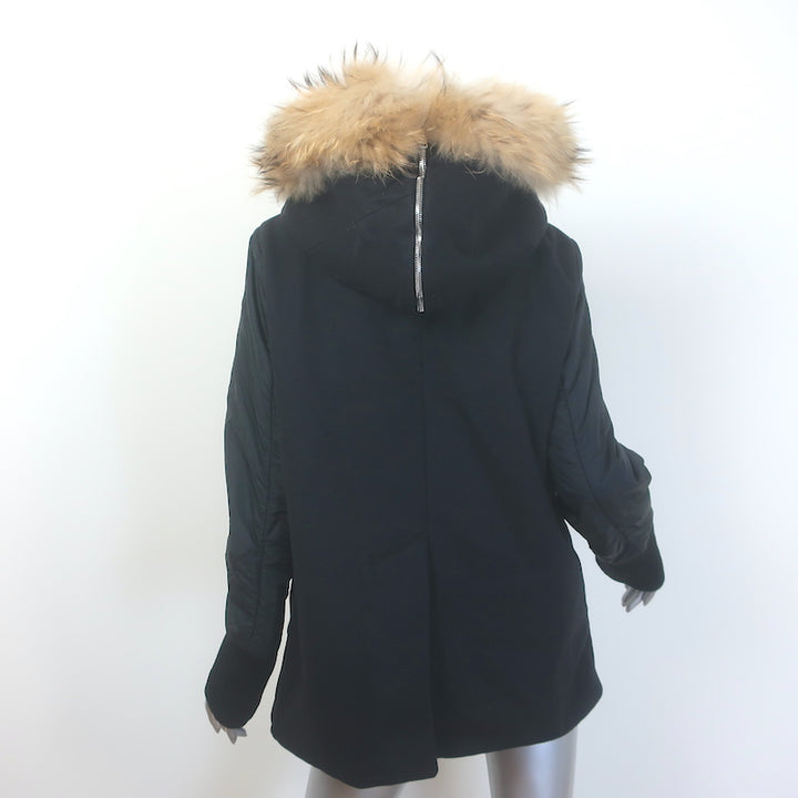 Marni Fur-Trimmed Hooded Mixed Media Coat Black Wool &amp; Nylon Size 46