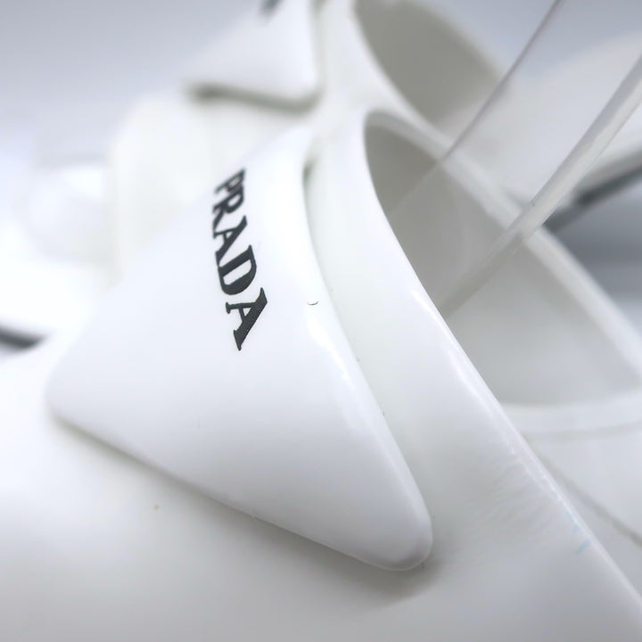 Prada Triangle Logo Kitten Heel Mule Sandals White Brushed Leather Size 36.5