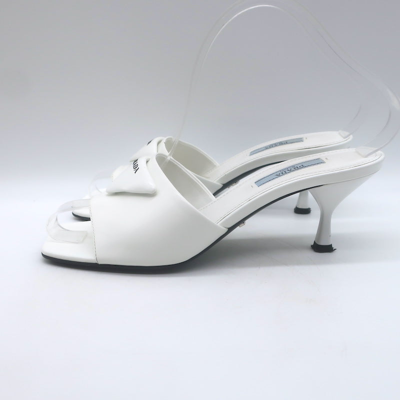 Prada Triangle Logo Kitten Heel Mule Sandals White Brushed Leather Size 36.5