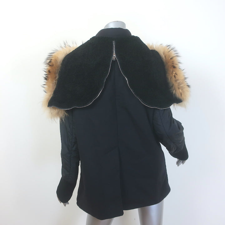Marni Fur-Trimmed Hooded Mixed Media Coat Black Wool &amp; Nylon Size 46