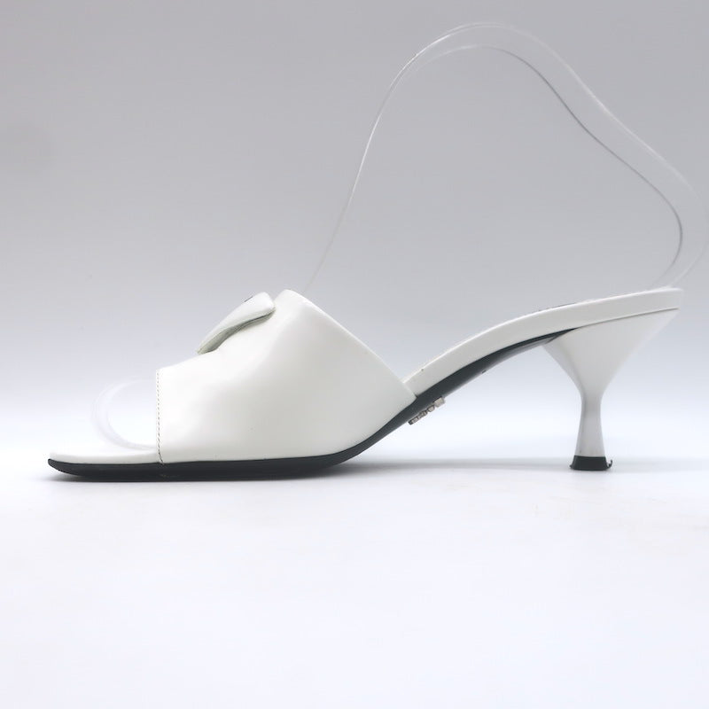 Prada Triangle Logo Kitten Heel Mule Sandals White Brushed Leather Size 36.5