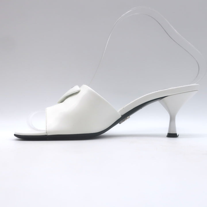 Prada Triangle Logo Kitten Heel Mule Sandals White Brushed Leather Size 36.5