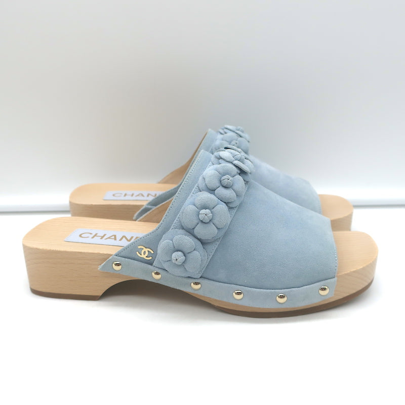 Chanel 22P Camellia Clog Sandals Light Blue Suede Size 37