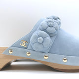 Chanel 22P Camellia Clog Sandals Light Blue Suede Size 37