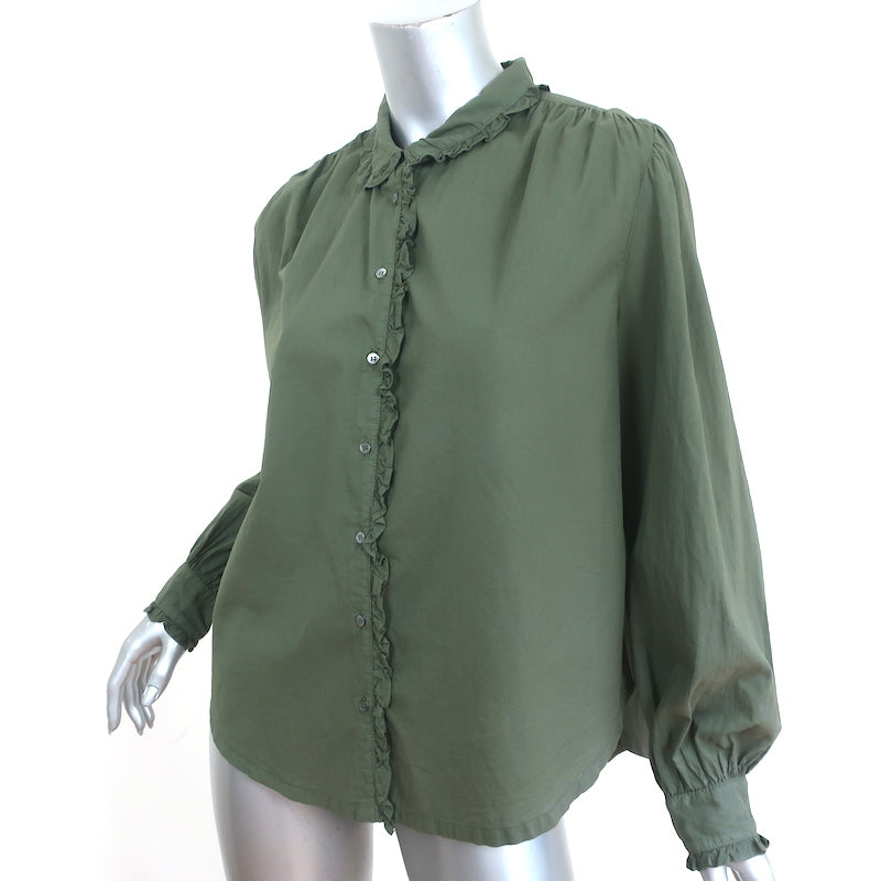 Xirena Shirt Hale Dark Sage Ruffled Cotton Size Extra Small Long Sleeve Top NEW