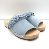 Chanel 22P Camellia Clog Sandals Light Blue Suede Size 37