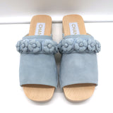 Chanel 22P Camellia Clog Sandals Light Blue Suede Size 37