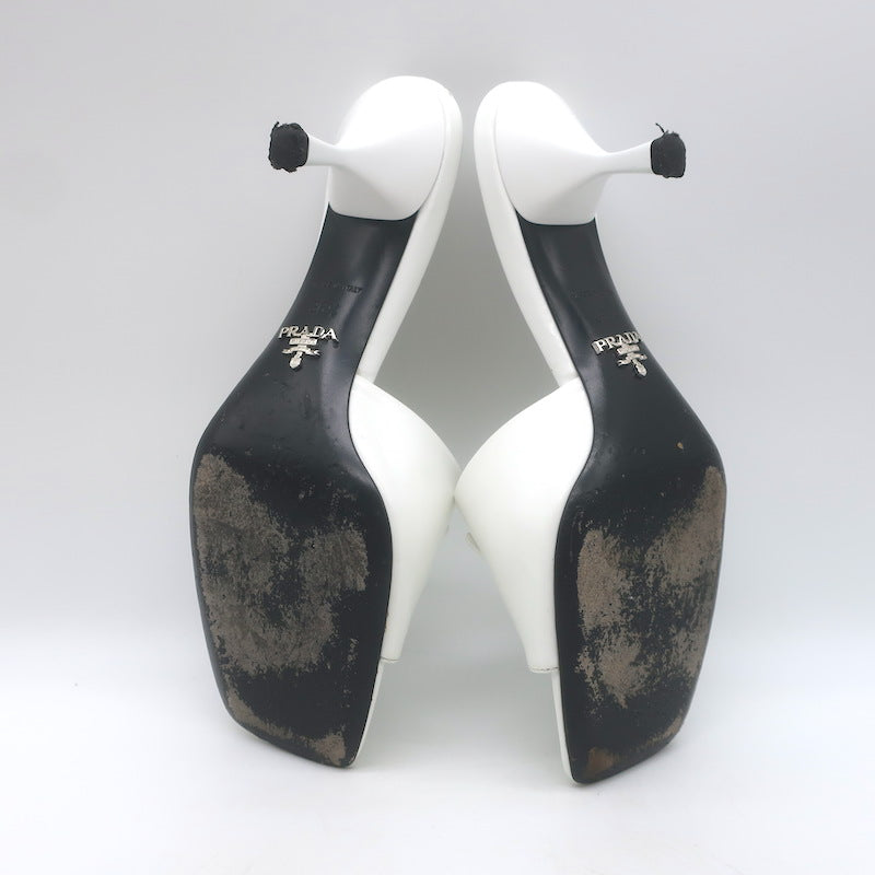 Prada Triangle Logo Kitten Heel Mule Sandals White Brushed Leather Size 36.5