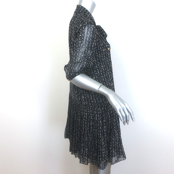 Celine Lavallière Pussy Bow Mini Dress Black Logo Print Silk Chiffon Size 42