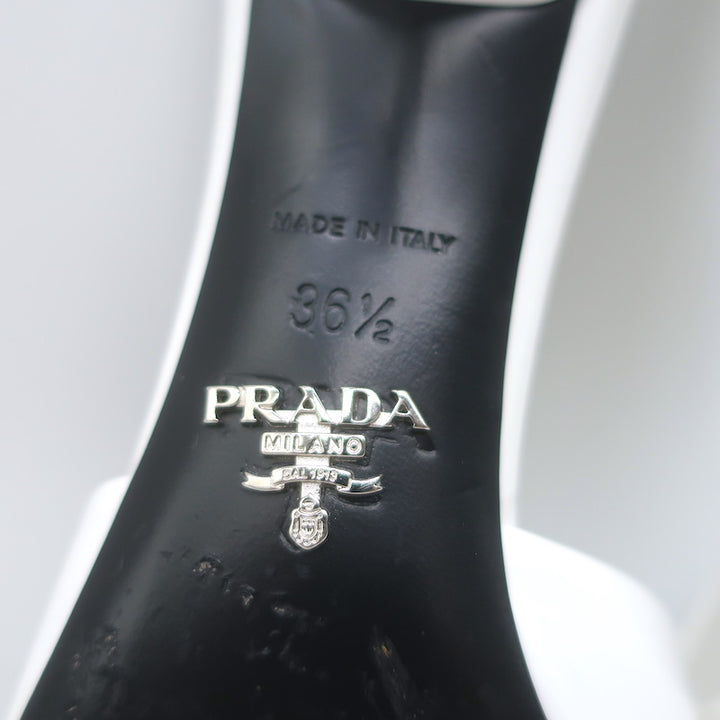 Prada Triangle Logo Kitten Heel Mule Sandals White Brushed Leather Size 36.5