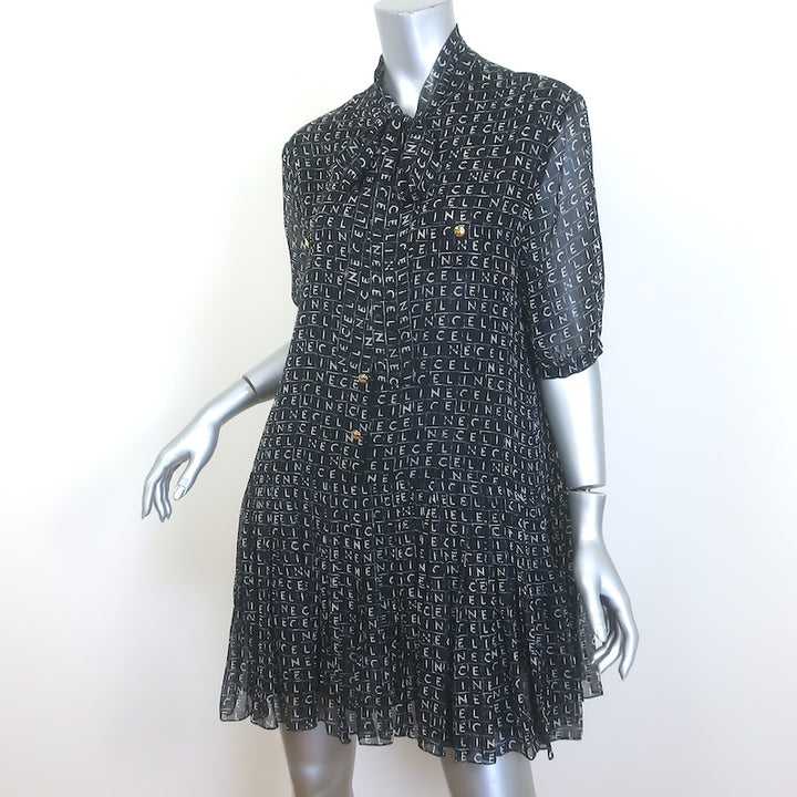 Celine Lavallière Pussy Bow Mini Dress Black Logo Print Silk Chiffon Size 42
