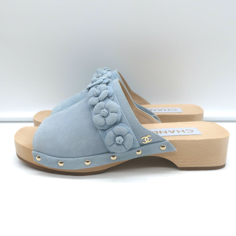 Chanel 22P Camellia Clog Sandals Light Blue Suede Size 37