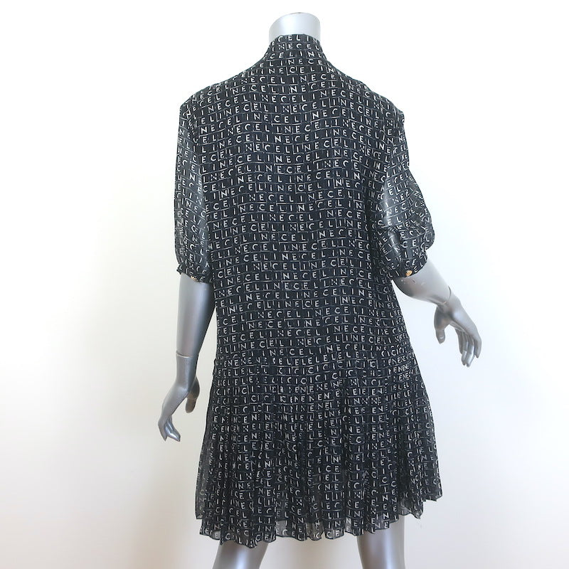 Celine Lavallière Pussy Bow Mini Dress Black Logo Print Silk Chiffon Size 42