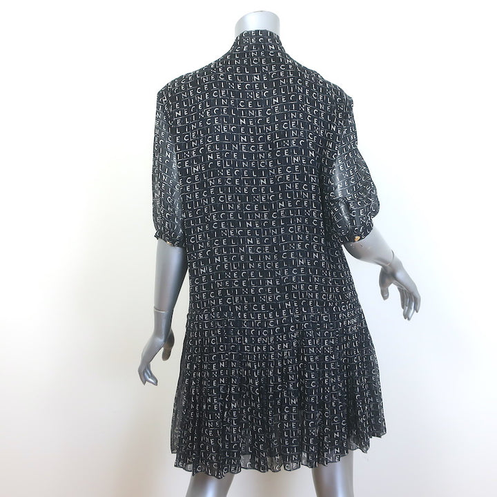 Celine Lavallière Pussy Bow Mini Dress Black Logo Print Silk Chiffon Size 42