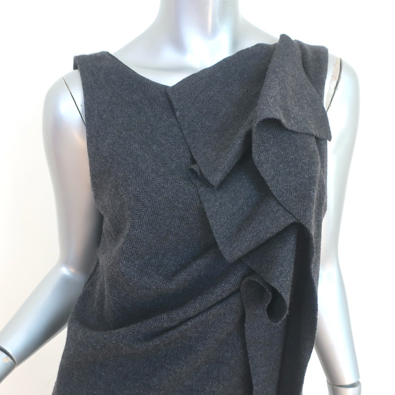 Max Mara Ruffle Dress Charcoal Wool Herringbone Size 46 Sleeveless Sheath