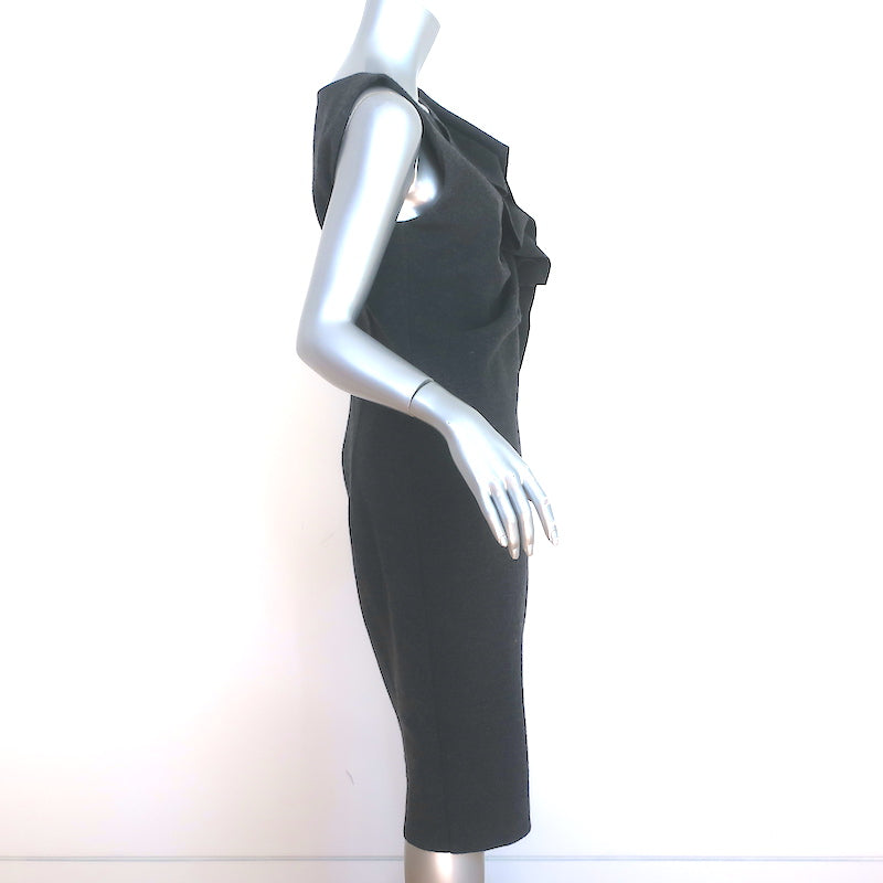 Max Mara Ruffle Dress Charcoal Wool Herringbone Size 46 Sleeveless Sheath