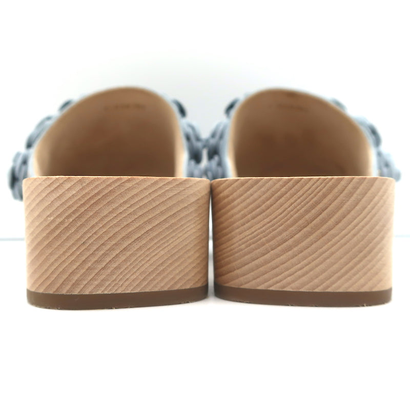 Chanel 22P Camellia Clog Sandals Light Blue Suede Size 37