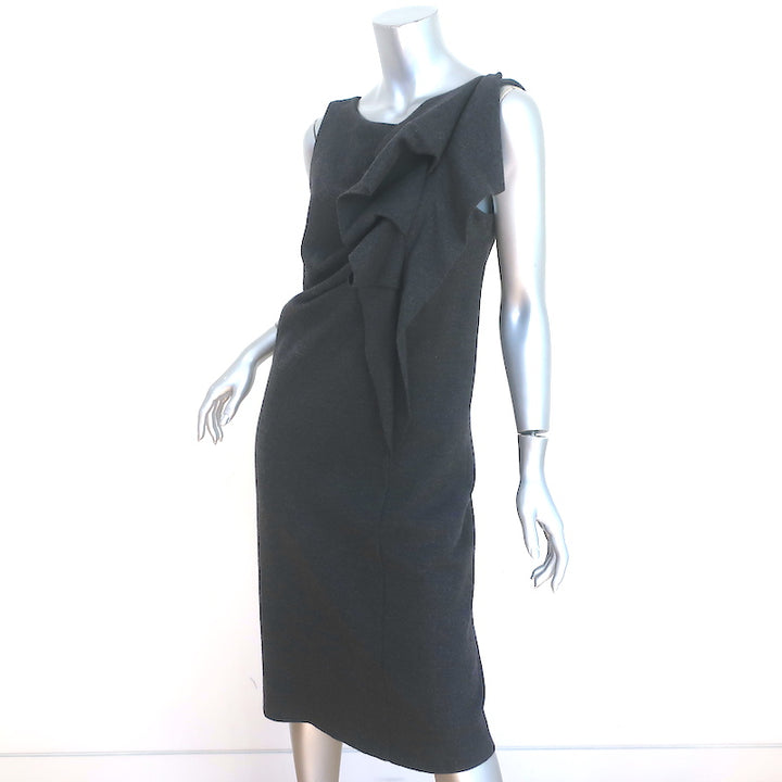 Max Mara Ruffle Dress Charcoal Wool Herringbone Size 46 Sleeveless Sheath