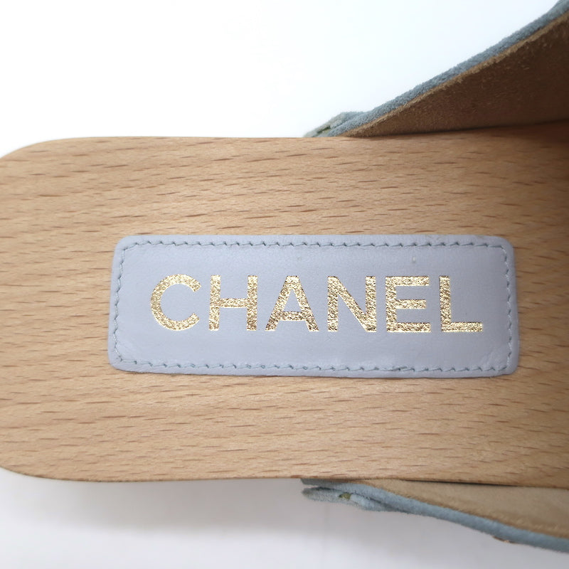 Chanel 22P Camellia Clog Sandals Light Blue Suede Size 37