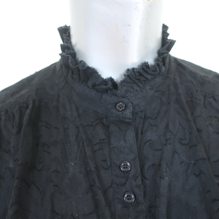 THE GREAT Button Down Top Black Burnout Cotton Voile Size 0 Short Sleeve Blouse