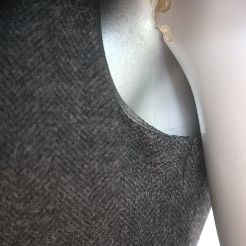 Max Mara Ruffle Dress Charcoal Wool Herringbone Size 46 Sleeveless Sheath