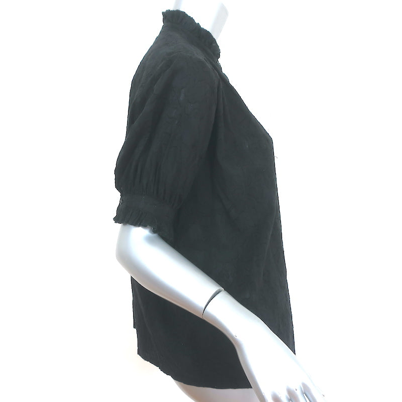 THE GREAT Button Down Top Black Burnout Cotton Voile Size 0 Short Sleeve Blouse