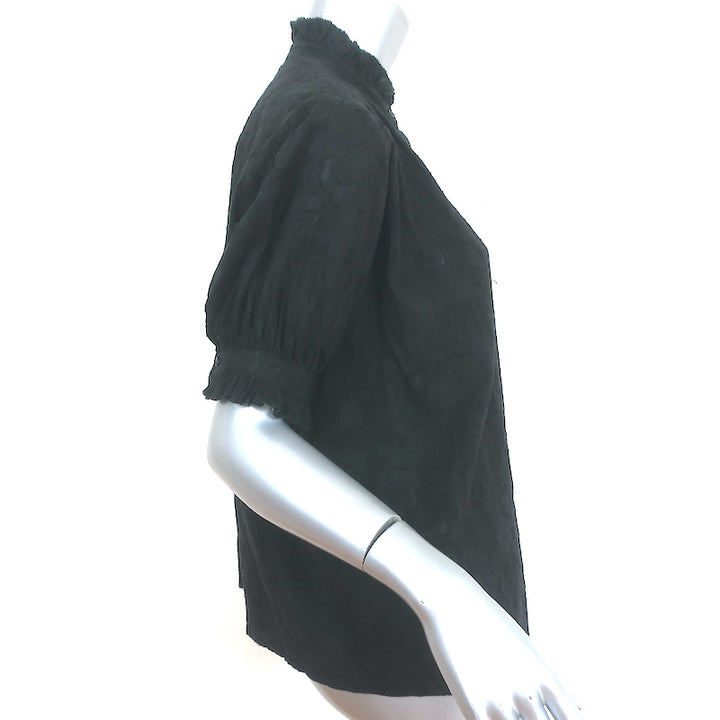 THE GREAT Button Down Top Black Burnout Cotton Voile Size 0 Short Sleeve Blouse