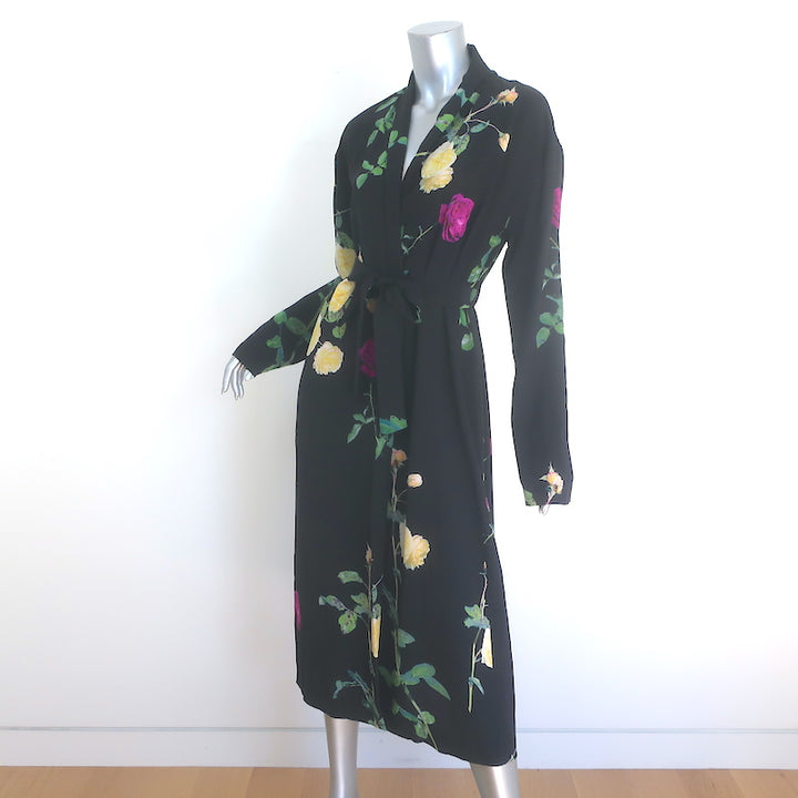 Dries Van Noten Denti Tie-Waist Kimono Dress Black Floral Print Silk Size 38